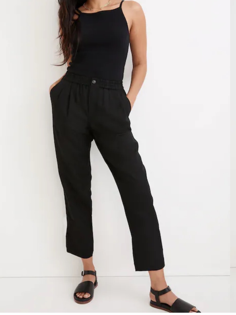 Madewell Linen Blend Track Trousers Large Black High Rise Cropped Casual Pant